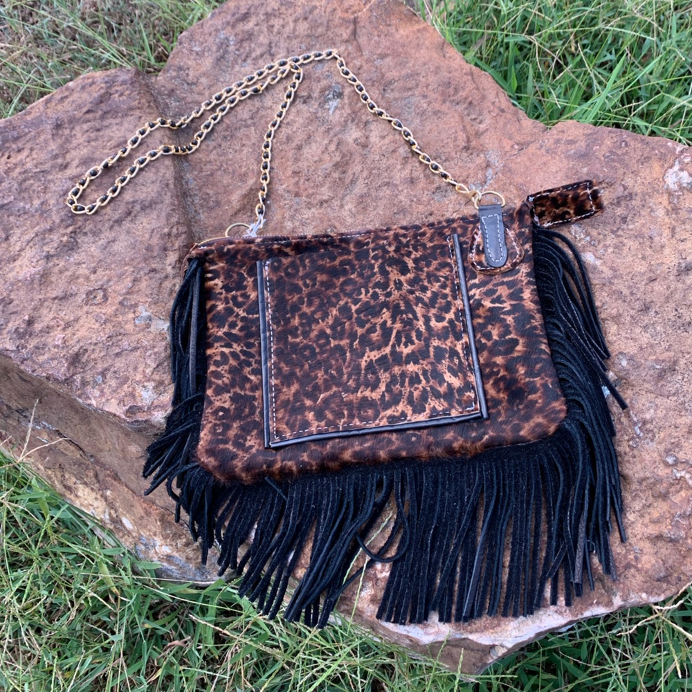 Wild Elegance Leather Leopard Fringed Crossbody Clutch